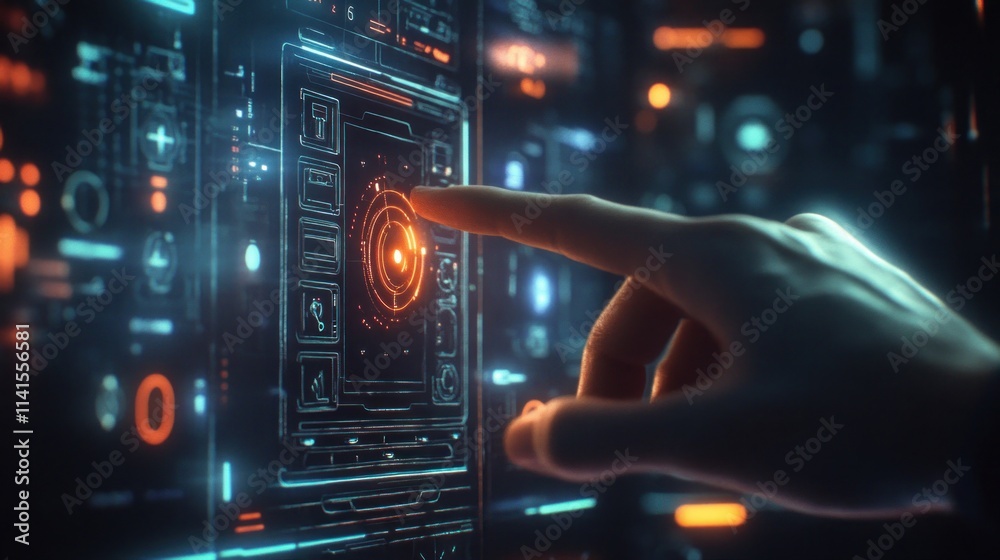 Obraz premium A hand interacting with a futuristic digital interface featuring glowing elements.