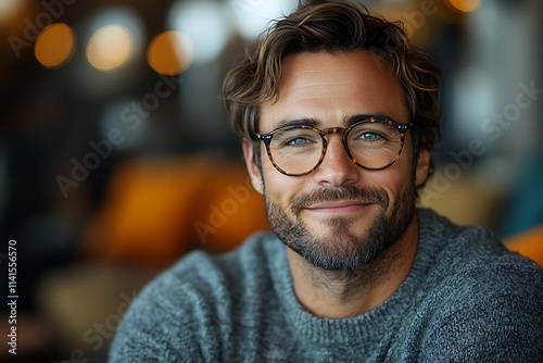 Portrait of handsome bearded man with eyeglasses looking at camera