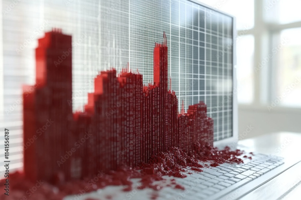 Obraz premium Minimalistic red downward graph on laptop keyboard - modern data visualization concept