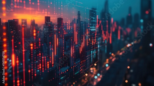 A digital skyline with glowing graphs and lights, depicting a blend of urban life and data visualization at dusk.