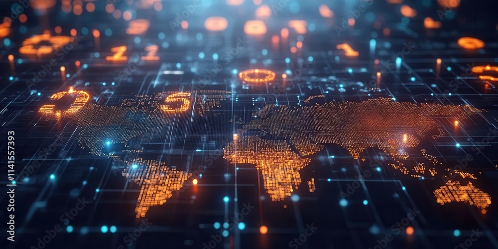 Fototapeta premium A digital representation of a world map with glowing nodes and binary code, symbolizing connectivity and technology.