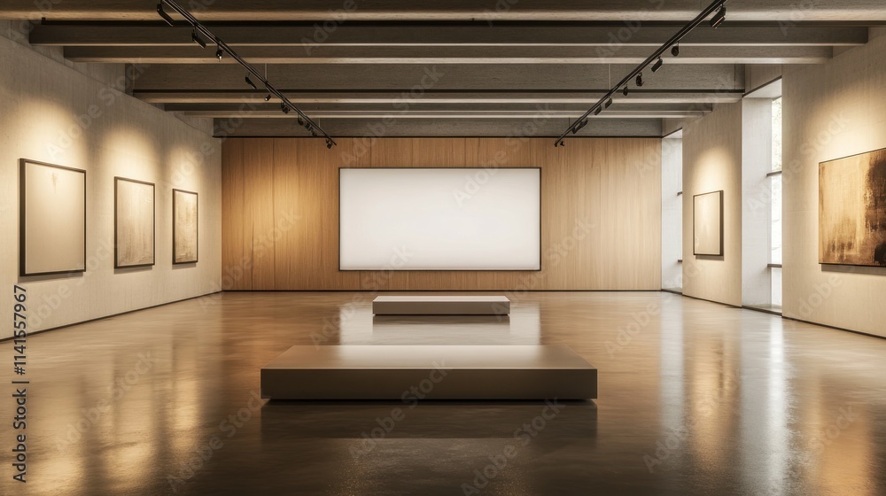 Fototapeta premium A modern art gallery featuring empty frames and a central display area.