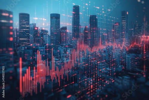 A futuristic city skyline with digital data visualizations in red and blue tones, illustrating a blend of technology and urban life.