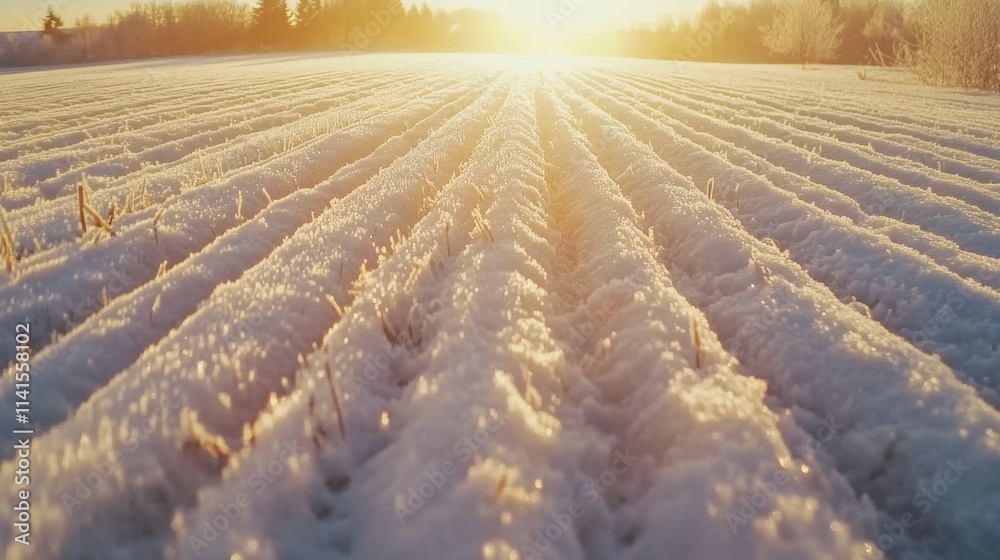 Fototapeta premium Beautiful Winter Landscape with Snow-Covered Field at Sunrise