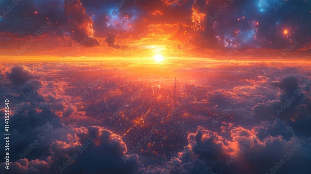 Fototapeta premium Futuristic city sunset, clouds, fiery sky.