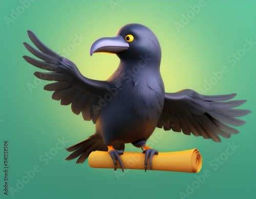 3D cartoon raven proudly perches on a scroll wings outstretched photo