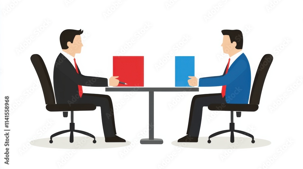 Business interview conflict scene with two men facing each other at a table Business interview conflict scene with two men facing each other at a table