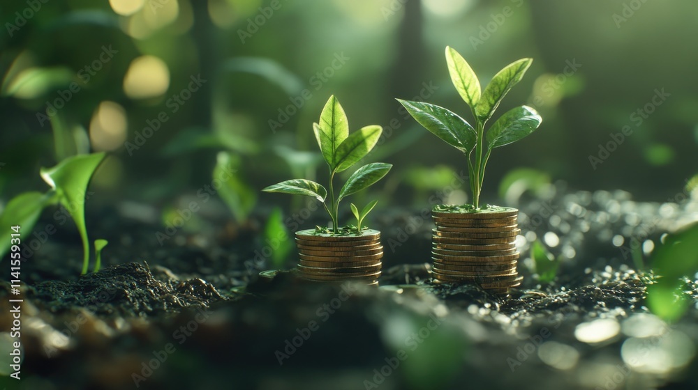 Stacks of coins with plant growth Stacks of coins with plant growth