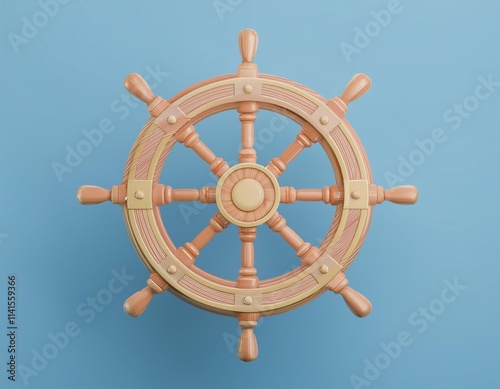 3D light peach colored ship s wheel against a light blue background photo