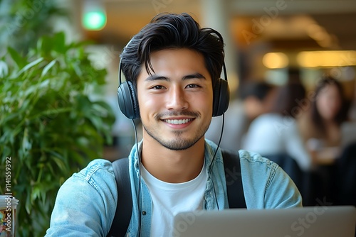 Young man with headphones listening to music and using laptop in cafe. photo