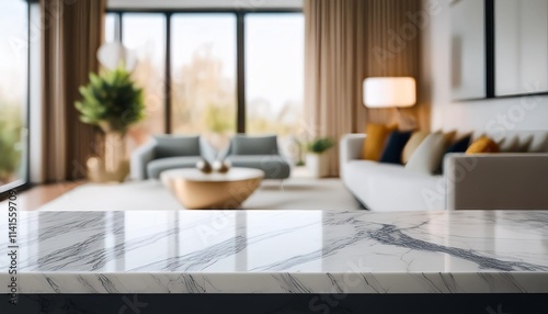 The modern and minimalist design of the living room creates a clean and uncluttered space, allowing the marble countertop to take center stage