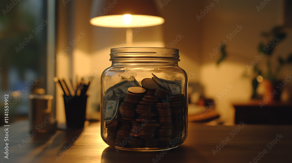 Money Jar: A mason jar filled with US dollar bills and coins sits on a table, illuminated by a warm lamp. The image evokes a sense of financial security and prosperity. Money Jar: A mason jar filled with US dollar bills and coins sits on a table, illuminated by a warm lamp. The image evokes a sense of financial security and prosperity.