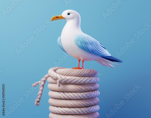 3D seagull perches atop a stack of nautical rope against a light blue background photo