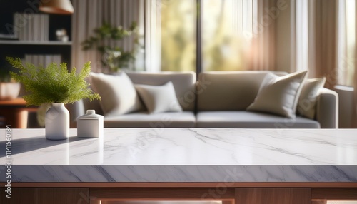 The blurred living room adds a touch of mystery and intrigue to the image, drawing the viewer's eye to the details of the marble tabletop