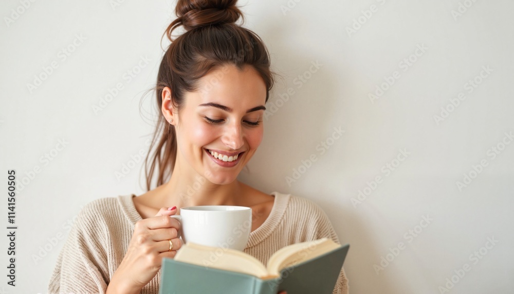 Young woman enjoying a book and coffee in a cozy indoor setting Young woman enjoying a book and coffee in a cozy indoor setting