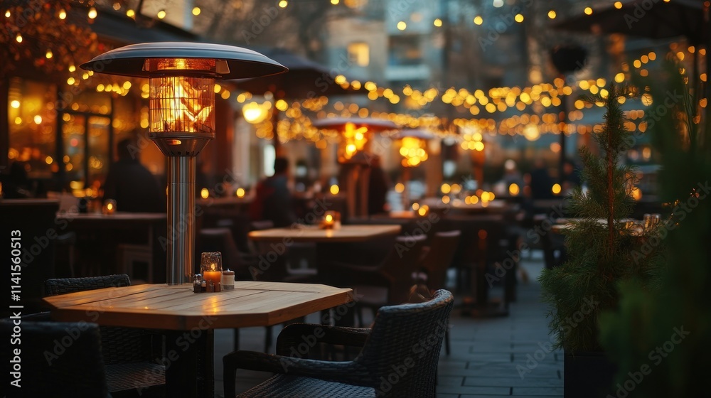 Cozy outdoor dining area with warm lighting and heaters, creating an inviting atmosphere. Cozy outdoor dining area with warm lighting and heaters, creating an inviting atmosphere.