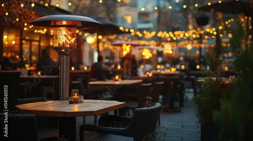 Cozy outdoor dining area with warm lighting and heaters, creating an inviting atmosphere.