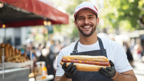 Cheerful vendor at hotdog stand on energetic street