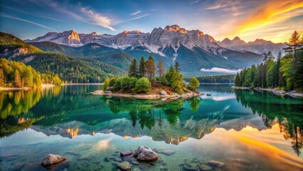 Papier peint photo Canada Breathtaking Sunrise at Eibsee Lake with Islands SchÃ¶nbÃ¼hl and Sasseninsel, Grainau, Upper Bavaria â€“ Scenic Documentary Photography of Nature's Splendor in Germany  © StudioATC