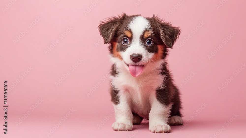 37.Hungry Australian shepherd puppy with bright, expressive eyes, sitting on a pastel pink background, licking its nose with its tongue; slightly tilted head and playful look on its face; the soft 37.Hungry Australian shepherd puppy with bright, expressive eyes, sitting on a pastel pink background, licking its nose with its tongue; slightly tilted head and playful look on its face; the soft