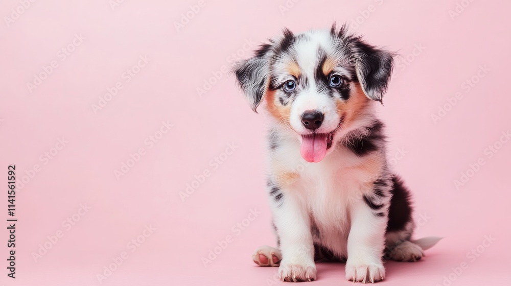38.Cute Australian shepherd puppy in a playful pose, sitting on a pastel pink background and licking its lips; big round eyes and a happy expression as it looks toward the camera; soft, even lighting 38.Cute Australian shepherd puppy in a playful pose, sitting on a pastel pink background and licking its lips; big round eyes and a happy expression as it looks toward the camera; soft, even lighting