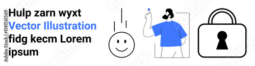 Man pointing at a light bulb, happy face, and padlock symbols, with placeholder text in black and blue font. Ideal for security, creativity, user interfaces, innovation, ideas technology