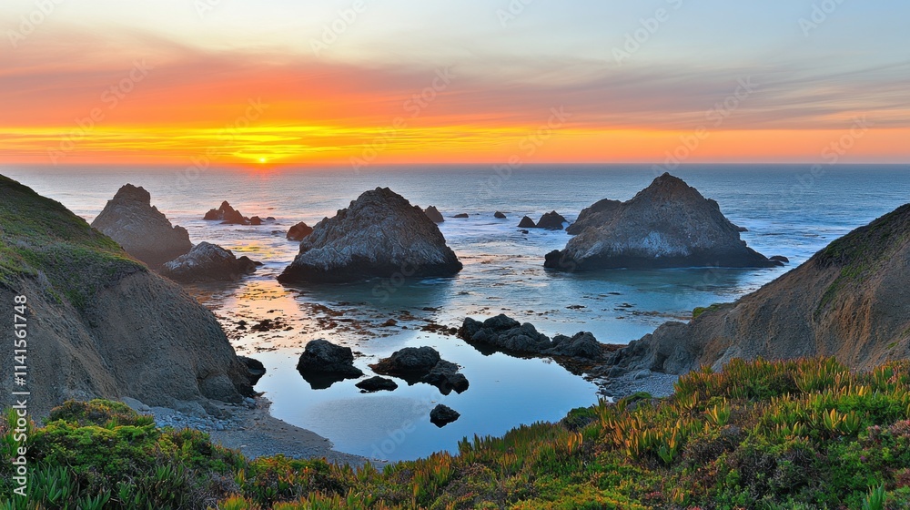 Fototapeta premium Vibrant Sunset Over Rocky Seascape and Tranquil Tide Pools