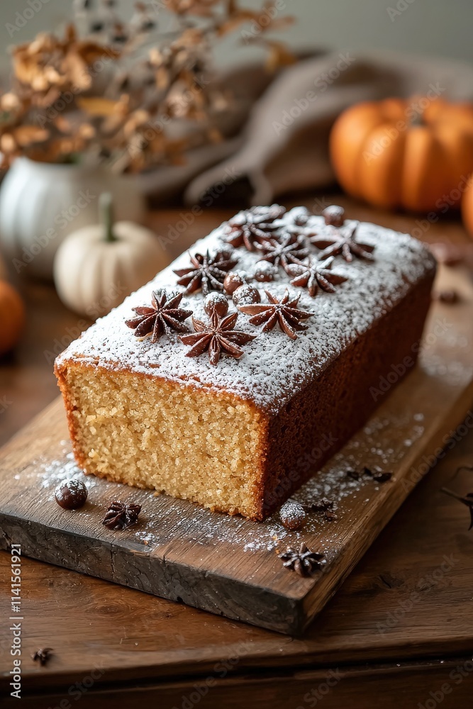 Delicious autumnal loaf cake, decorated with anise stars and powdered sugar, sits on rustic wooden board with pumpkins. Delicious autumnal loaf cake, decorated with anise stars and powdered sugar, sits on rustic wooden board with pumpkins.