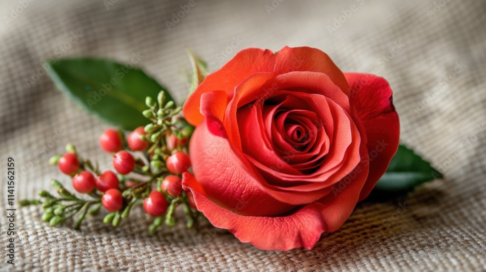 Beautiful Red Rose Flower with Green Leaves and Berries Arrangement Beautiful Red Rose Flower with Green Leaves and Berries Arrangement