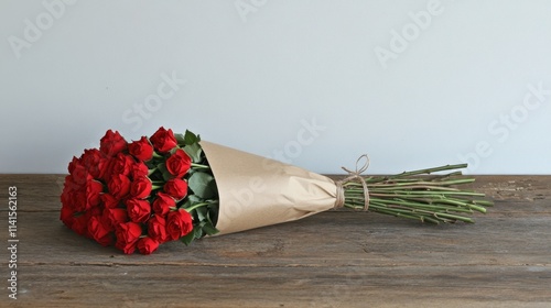 Freshly Wrapped Red Roses Bouquet on Wooden Table Surface photo