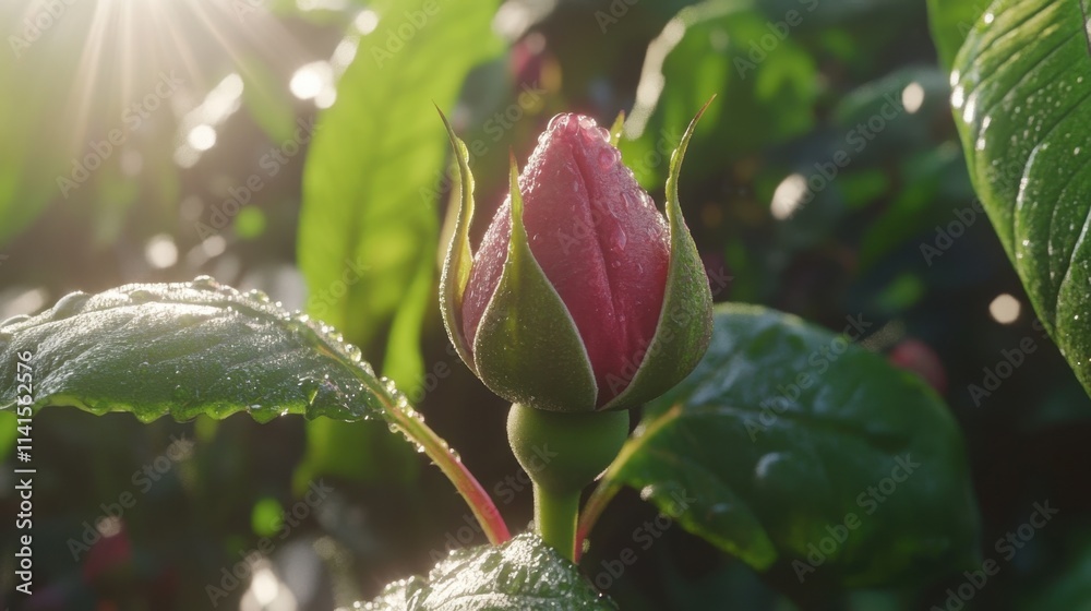 Dew-Kissed Rosebud Emerging Amidst Lush Green Leaves in Sunlight Dew-Kissed Rosebud Emerging Amidst Lush Green Leaves in Sunlight