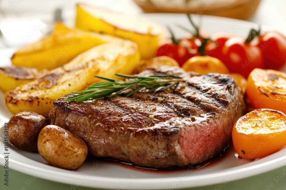 Juicy and perfectly cooked steak served on a rustic wooden plate with fresh herbs and spices. Juicy and perfectly cooked steak served on a rustic wooden plate with fresh herbs and spices.