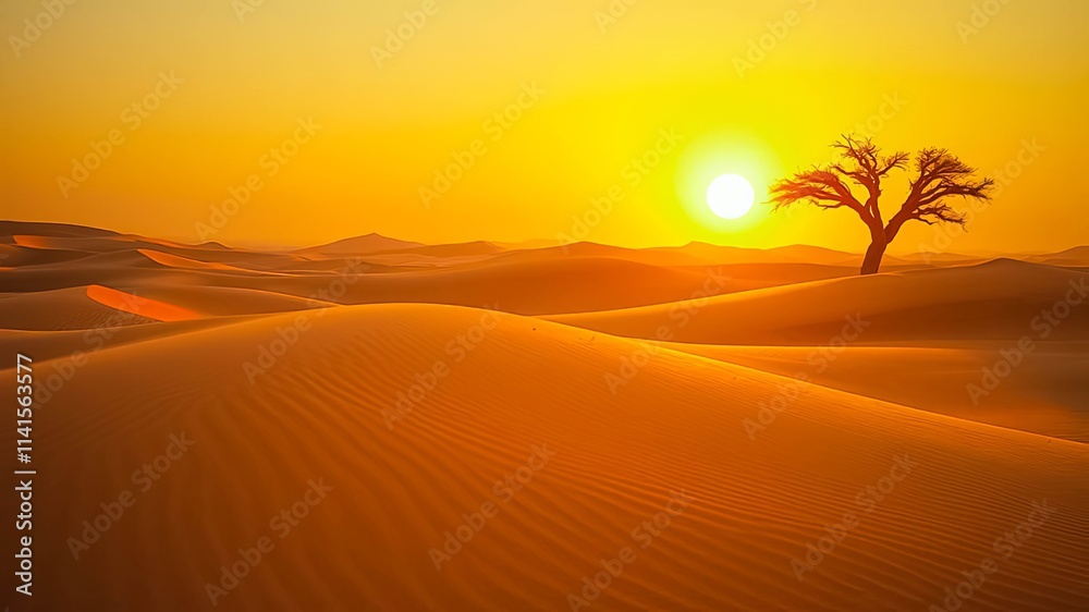 Obraz premium Golden Hour Desert Landscape Solitary Tree Silhouetted Against Vibrant Sunset
