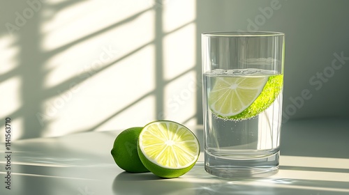 Glass of sparkling water and a lime placed on a minimalist table with clean lines