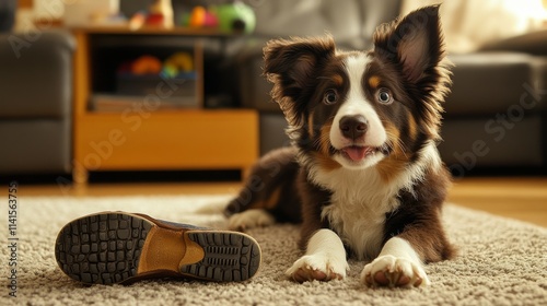 48.Fluffy dog relaxing on a living room carpet next to a half-chewed shoe, gazing up with big, curious eyes; the puppyâ€™s ears perked up, as if aware of being caught; cozy indoor setting with warm photo