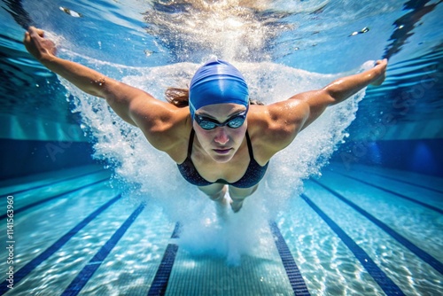 A woman is swimming in a pool with her arms outstretched