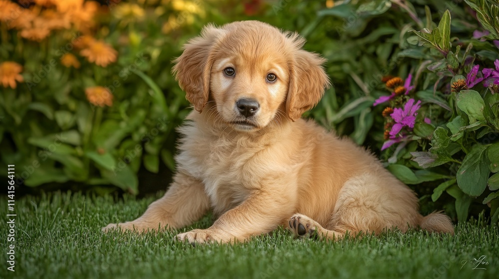 26.Fluffy golden retriever puppy sitting down on a soft green grass lawn; warm sunlight highlights the puppy’s golden fur, giving it a soft, radiant glow; big, gentle brown eyes looking curiously at 26.Fluffy golden retriever puppy sitting down on a soft green grass lawn; warm sunlight highlights the puppy’s golden fur, giving it a soft, radiant glow; big, gentle brown eyes looking curiously at