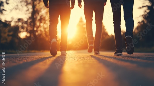 Three Friends Walking Together at Sunset on a Scenic Pathway Surrounded by Nature, Casting Long Shadows on the Ground, Capturing the Essence of Friendship and Adventure