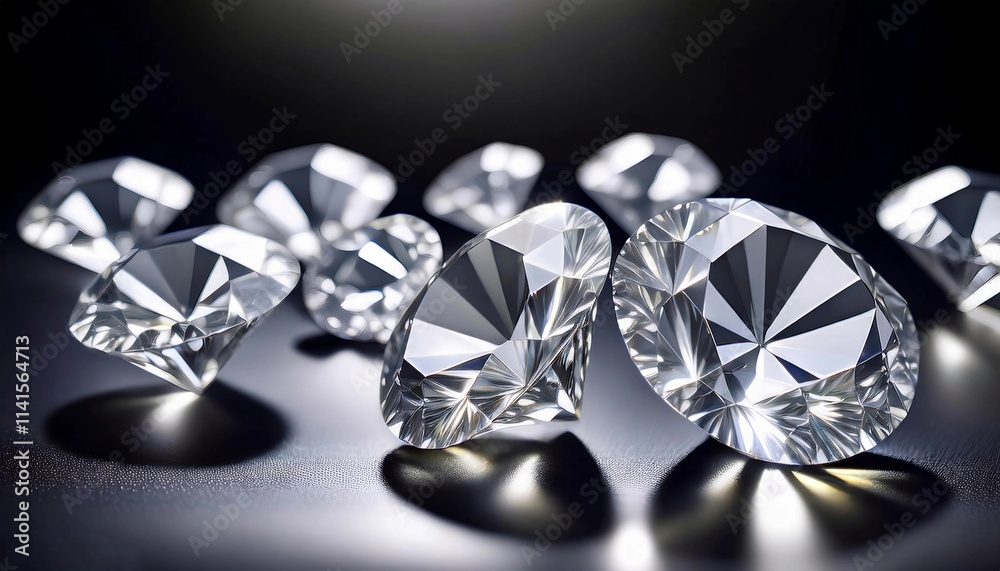 Sparkling Diamonds on Reflective Surface Close-up of sparkling diamonds placed on a reflective surface, showcasing their brilliance and clarity under soft lighting. Sparkling Diamonds on Reflective Surface Close-up of sparkling diamonds placed on a reflective surface, showcasing their brilliance and clarity under soft lighting.