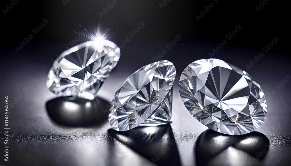 Sparkling Diamonds on Reflective Surface Close-up of sparkling diamonds placed on a reflective surface, showcasing their brilliance and clarity under soft lighting. Sparkling Diamonds on Reflective Surface Close-up of sparkling diamonds placed on a reflective surface, showcasing their brilliance and clarity under soft lighting.