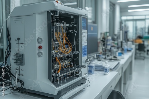 A laboratory machine with intricate wiring and components, showcasing a high-tech environment and advanced research capabilities.