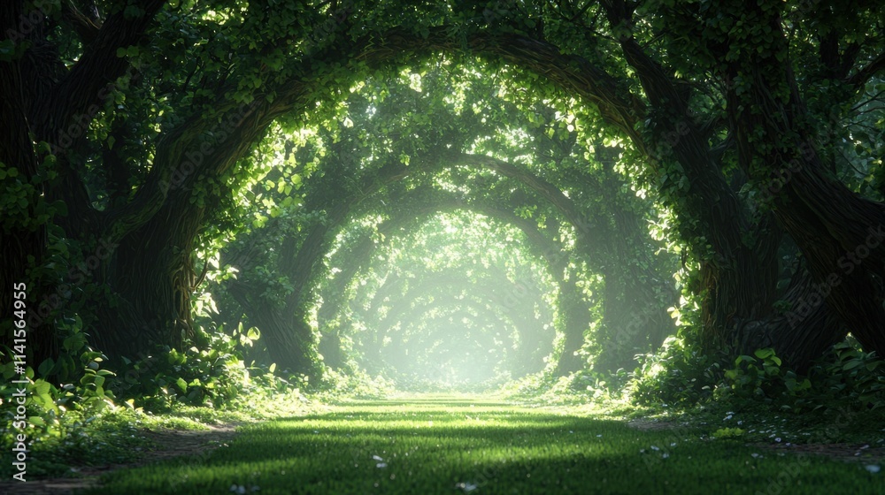 Fototapeta premium Enchanting ancient forest grove with lush greenery and sunlit pathway