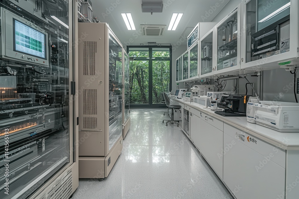 Modern laboratory with advanced equipment and large windows, blending technology and nature for innovative research. Modern laboratory with advanced equipment and large windows, blending technology and nature for innovative research.