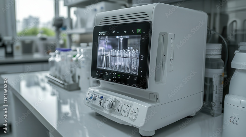 A modern medical device displayed on a laboratory countertop, featuring a digital screen and various controls, surrounded by laboratory equipment. A modern medical device displayed on a laboratory countertop, featuring a digital screen and various controls, surrounded by laboratory equipment.