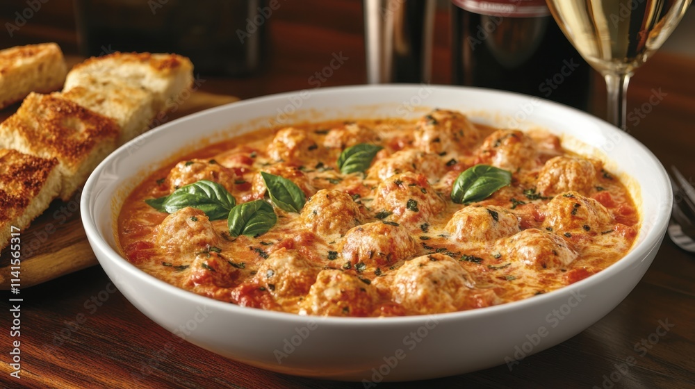 Delicious Meatballs in Creamy Tomato Sauce with Fresh Basil Garnish Delicious Meatballs in Creamy Tomato Sauce with Fresh Basil Garnish