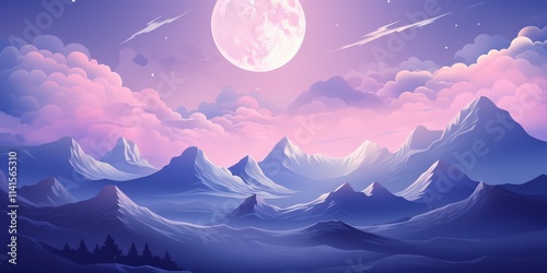 Minimalist Vector Illustration of a Serene Night Landscape with Mountains and Full Moon Overhead in Soft Purple and Blue Tones