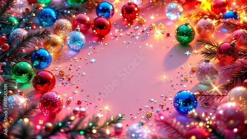 Wallpaper Mural Festive pink tabletop mockup showcasing 3D rendered Christmas balls and sequins. Torontodigital.ca
