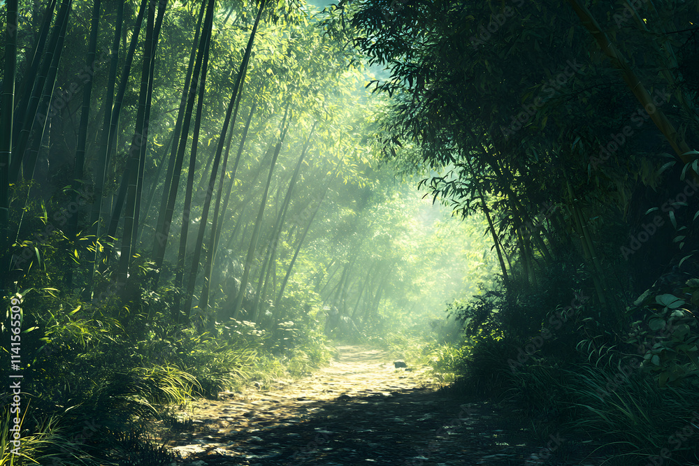 Serene Harmony: Embracing Tranquility Amidst Verdant Bamboo Stalks in a Lush Grove Serene Harmony: Embracing Tranquility Amidst Verdant Bamboo Stalks in a Lush Grove