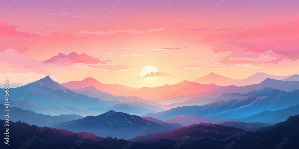 Fototapeta premium Colorful Vector Illustration of a Sunrise Over Majestic Mountains with Vibrant Sky and Unique Shapes in a Digital Art Style