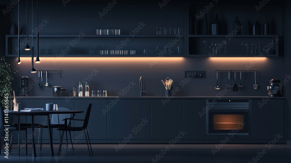 Modern kitchen with dark tones and ambient lighting, featuring minimalist design elements. Modern kitchen with dark tones and ambient lighting, featuring minimalist design elements.